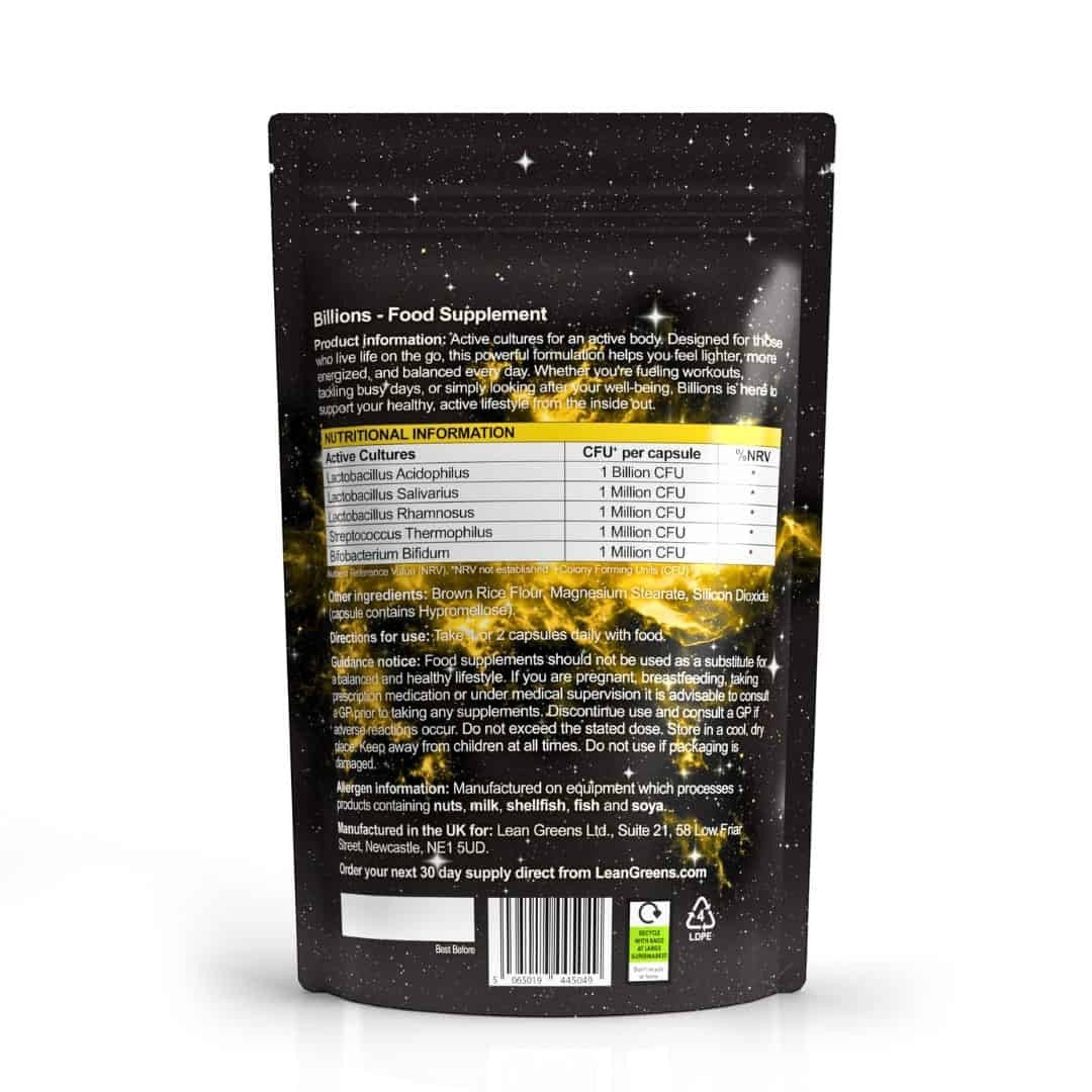 Billions food supplement capsules with Lactobacillus acidophilus and four other probiotic strains. Shelf-stable dietary supplement.