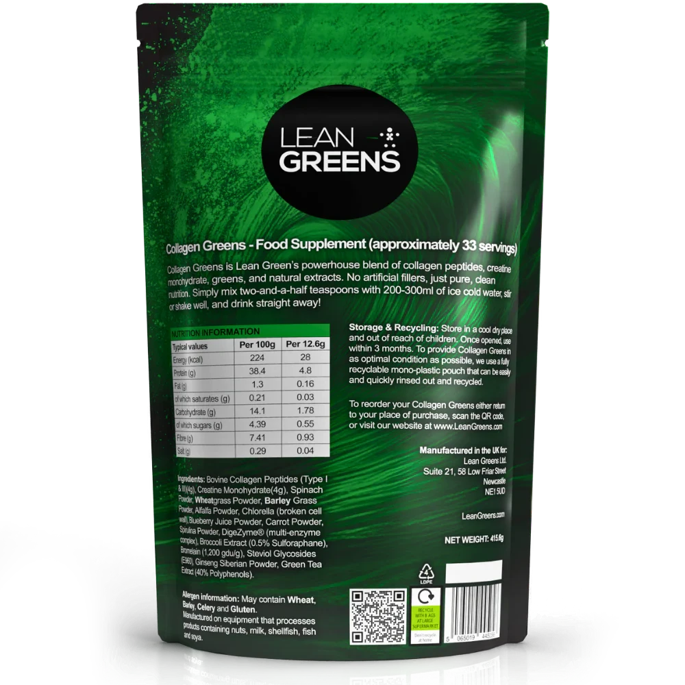 Lean Greens Collagen Greens powder blend with collagen peptides and creatine monohydrate. UK-made.