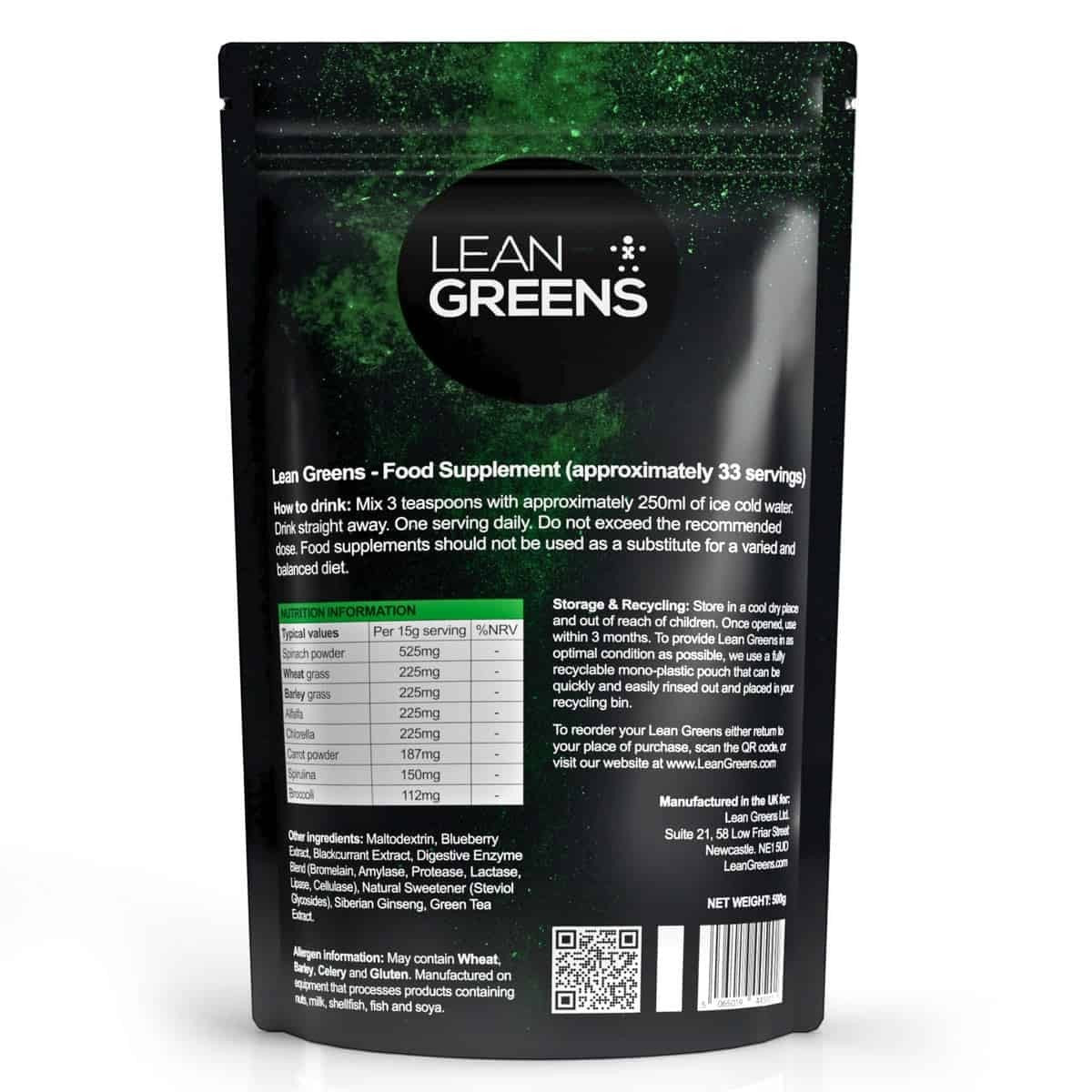 W/Lean Greens super greens powder pouch with nutrition information and ingredients list. Green powder supplement.
