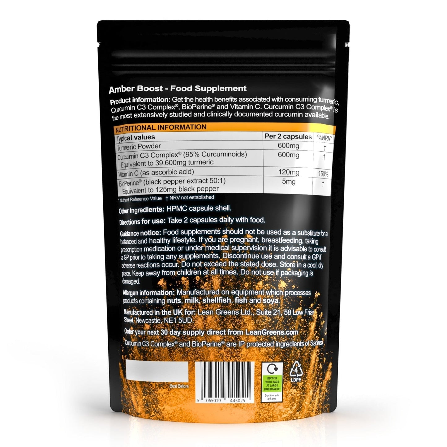 W/end Amber Boost turmeric and curcumin supplement capsules with black pepper and vitamin C. Dietary supplement.