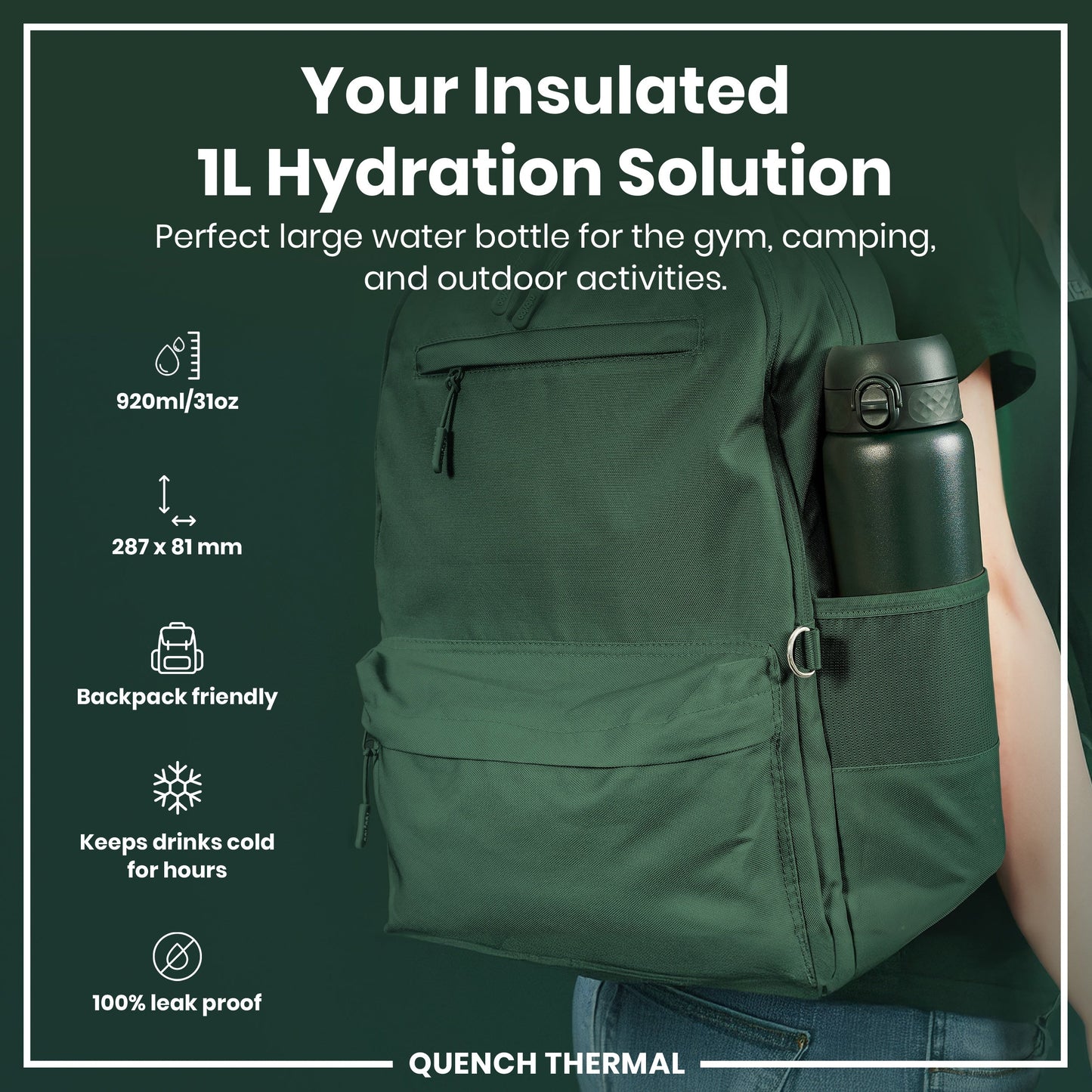 ION8 1L Thermal Water Bottle – Forest Green