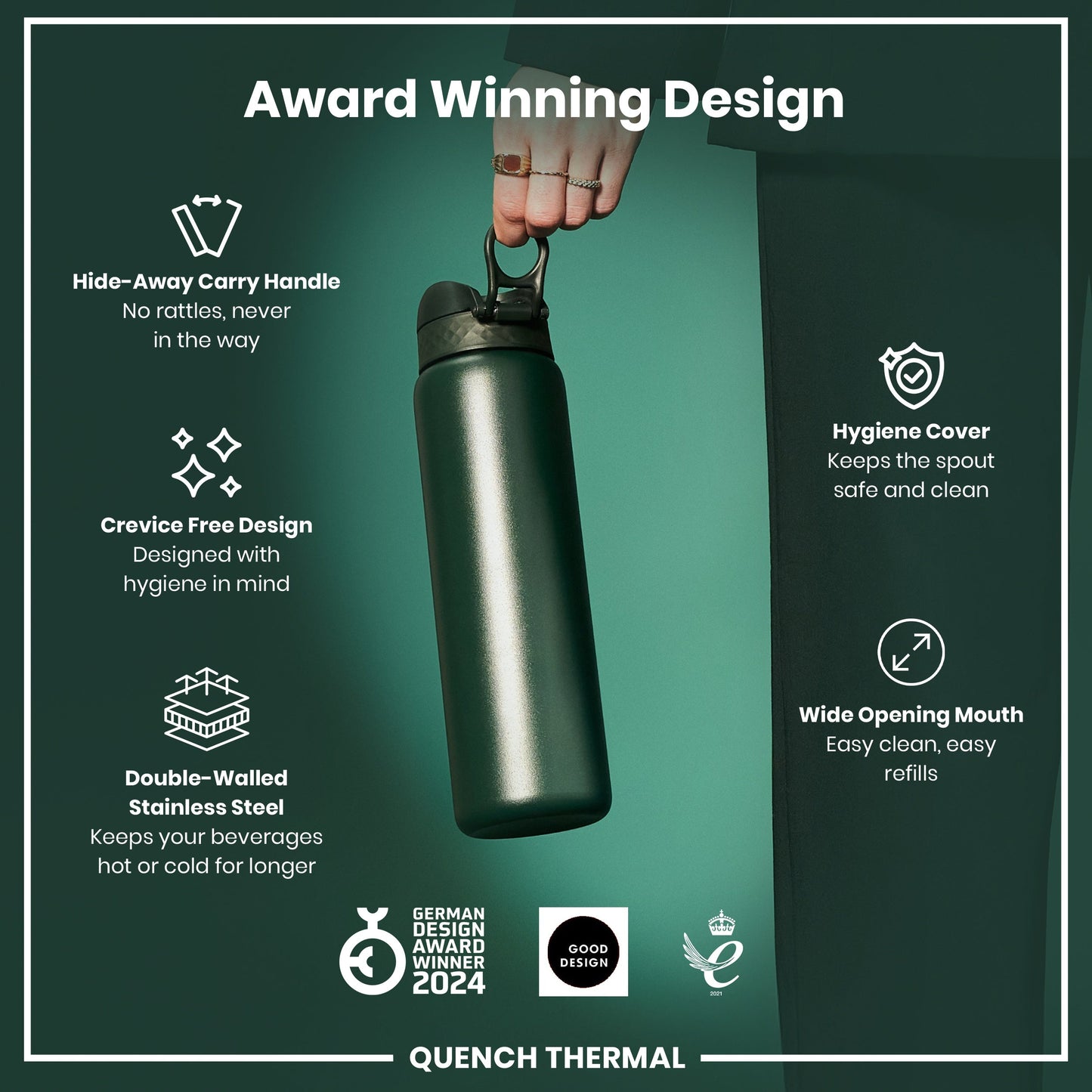 ION8 1L Thermal Water Bottle – Forest Green