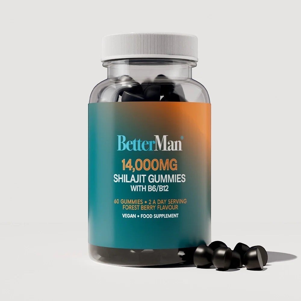 BetterMan Shilajit Extract Gummies with B6 B12, 60 vegan Forest Berry flavored gummies for energy and vitality.