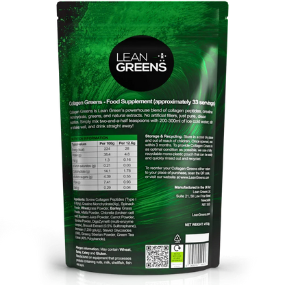 Lean Greens Collagen Greens powder blend with collagen peptides and creatine monohydrate. UK-made.