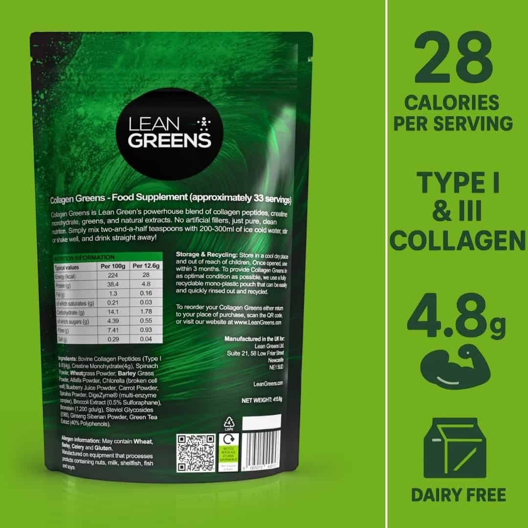 Lean Greens Collagen Greens food supplement pouch, UK-made, with Type I & III collagen and creatine.