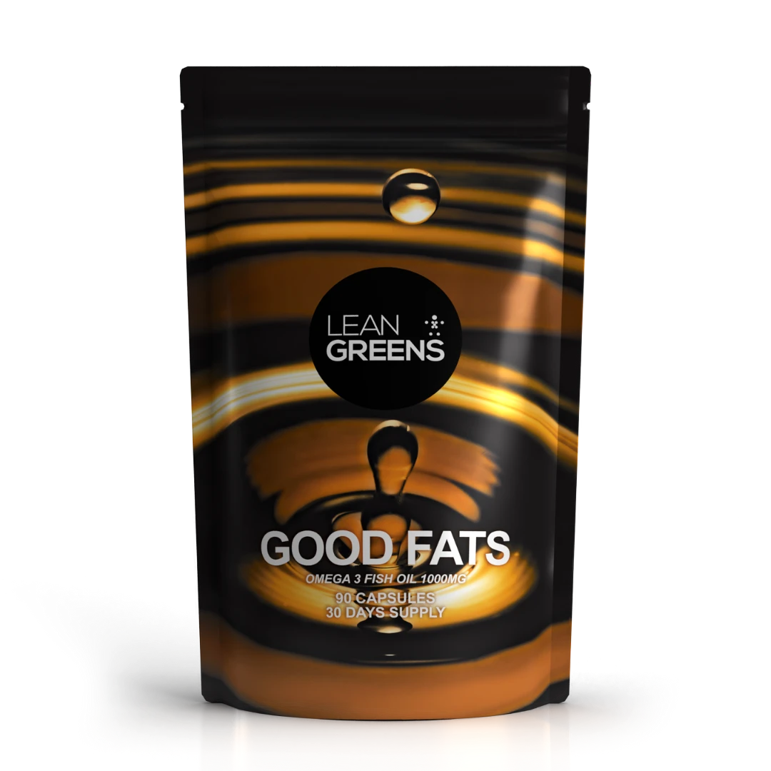 Lean Greens Good Fats high-strength omega-3 fish oil supplement, 90 capsules, 30 days supply.