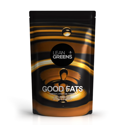 Lean Greens Good Fats high-strength omega-3 fish oil supplement, 90 capsules, 30 days supply.