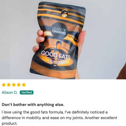 Lean Greens Good Fats high-strength omega-3 fish oil supplement pouch with 90 capsules.
