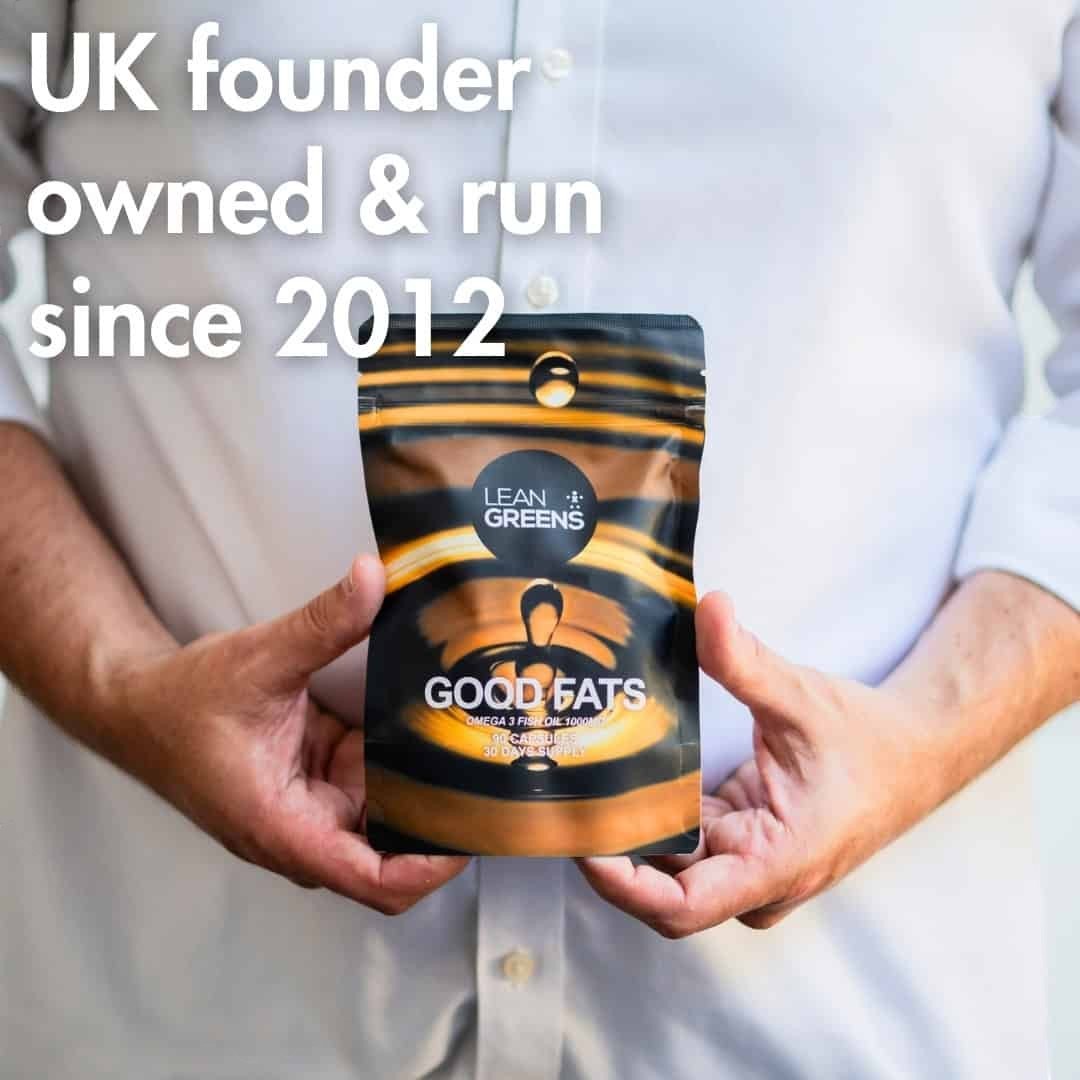 Lean Greens Good Fats high-strength omega-3 fish oil supplement in a black and gold pouch. Supports wellbeing and balanced nutrition.