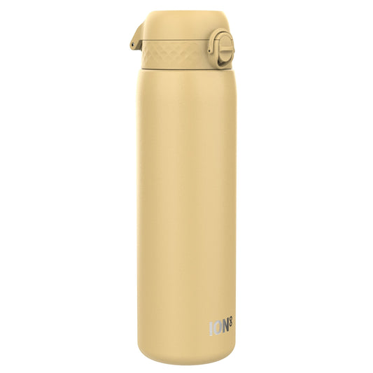 W/end sand-colored stainless steel hydration bottle with a one-touch flip-top lid and triple lock security.