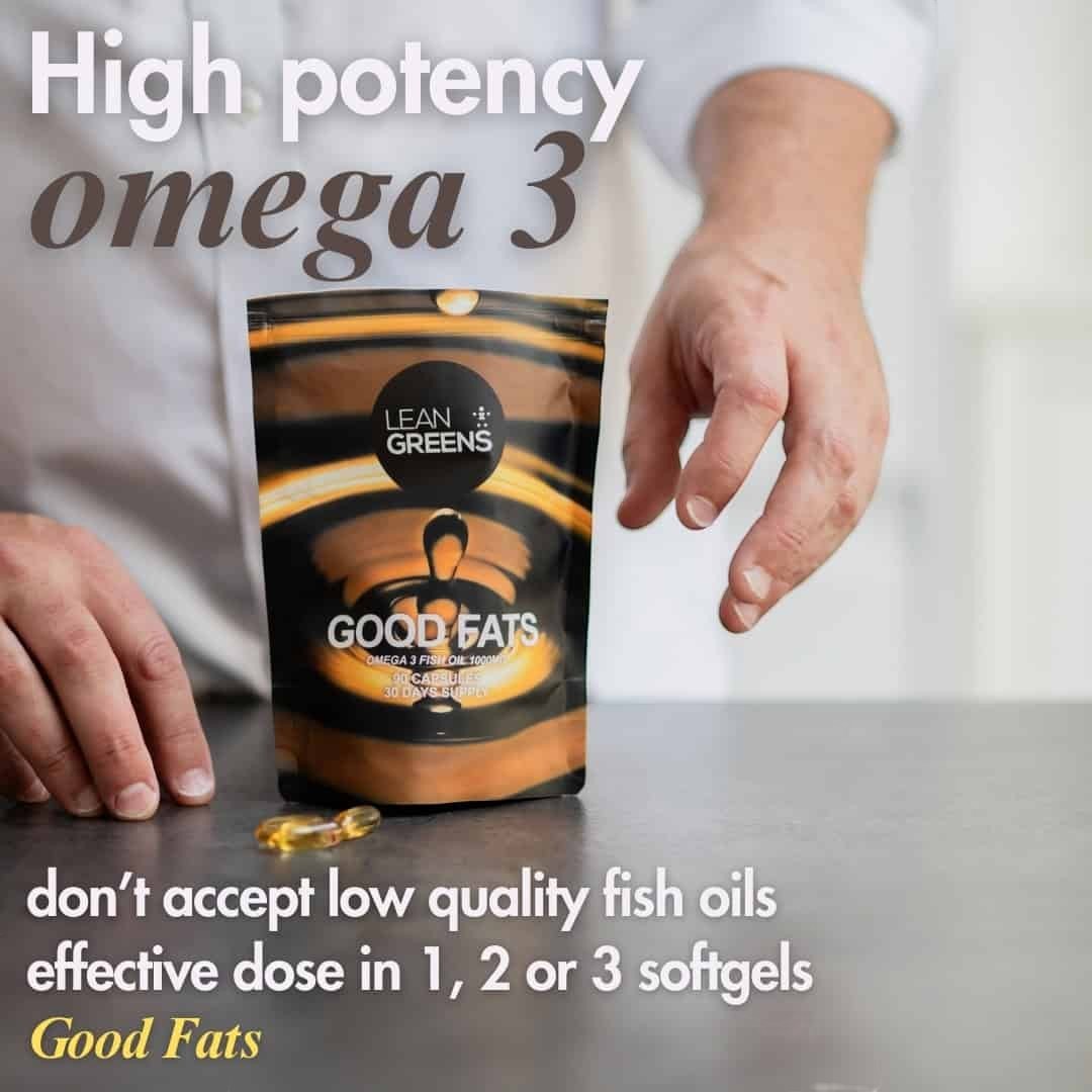 W/Good Fats high potency omega 3 fish oil softgels, 1000mg per capsule, 30 day supply.