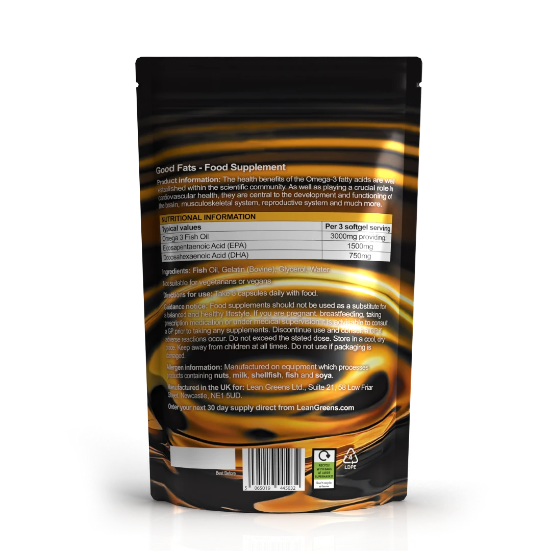 W/Good Fats high-strength omega-3 fish oil supplement softgels, 1000mg fish oil per softgel.