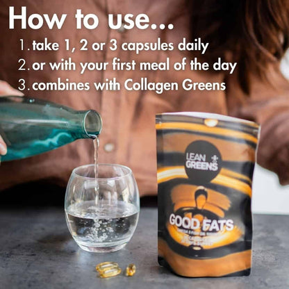 W/Good Fats high-strength omega-3 fish oil supplement softgels, 500mg EPA & 250mg DHA. Easy to take with water.