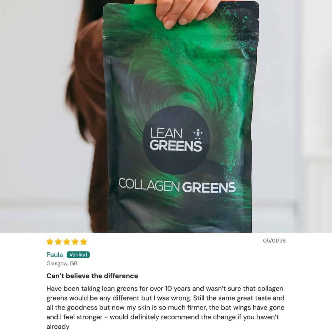 W/Lean Greens Collagen Greens powder pouch with a swirling green design. Contains collagen peptides and creatine.