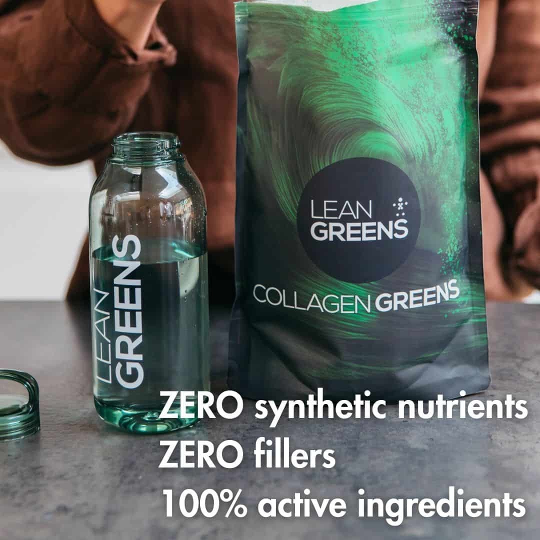 W/Lean Greens Collagen Greens powder pouch and bottle of mixed drink. All-in-one greens, collagen, and creatine powder.