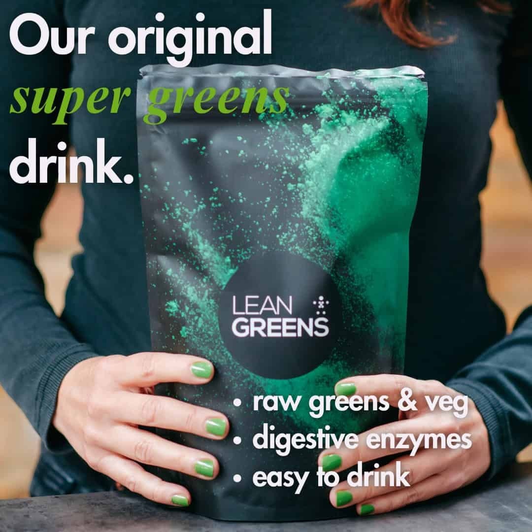 W/Lean Greens original super greens powder drink with raw greens, veg, and digestive enzymes. Easy to drink.