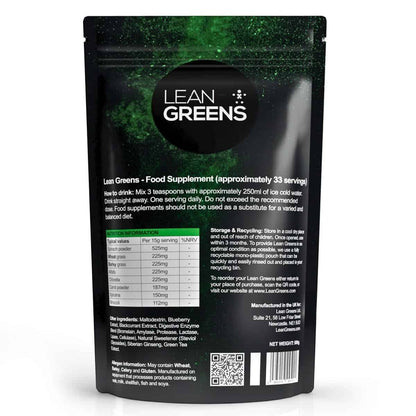 W/Lean Greens super greens powder pouch with nutrition information and ingredients list. Green powder supplement.