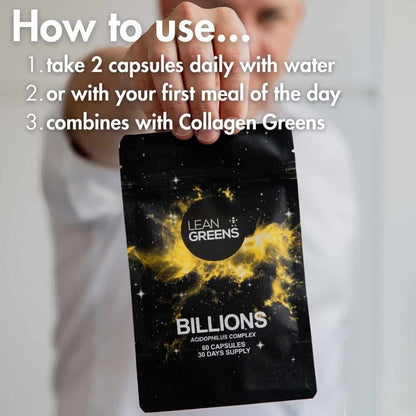 W/end Billions Acidophilus Complex dietary supplement pouch with 60 capsules for 30 days supply. Features a black starry background with yellow nebula design.