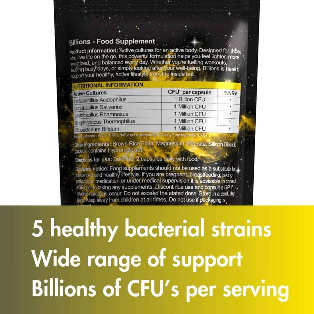W/end Billions multi-strain probiotic capsules with Lactobacillus acidophilus, 5 healthy bacterial strains, 120 capsules.
