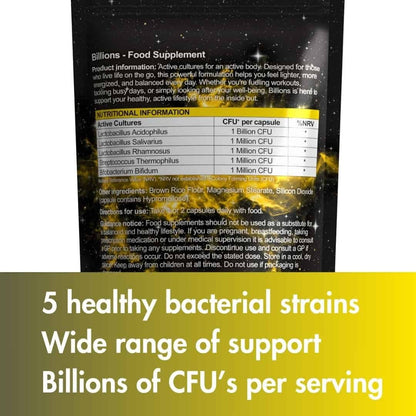 W/end Billions multi-strain probiotic capsules with Lactobacillus acidophilus, 5 healthy bacterial strains, 120 capsules.