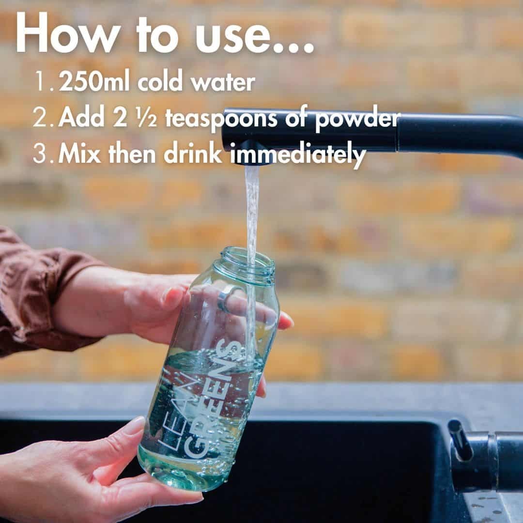 W/end Collagen Greens powder being mixed with water in a clear bottle. Includes collagen and creatine.