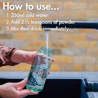 W/end Collagen Greens powder being mixed with water in a clear bottle. Includes collagen and creatine.