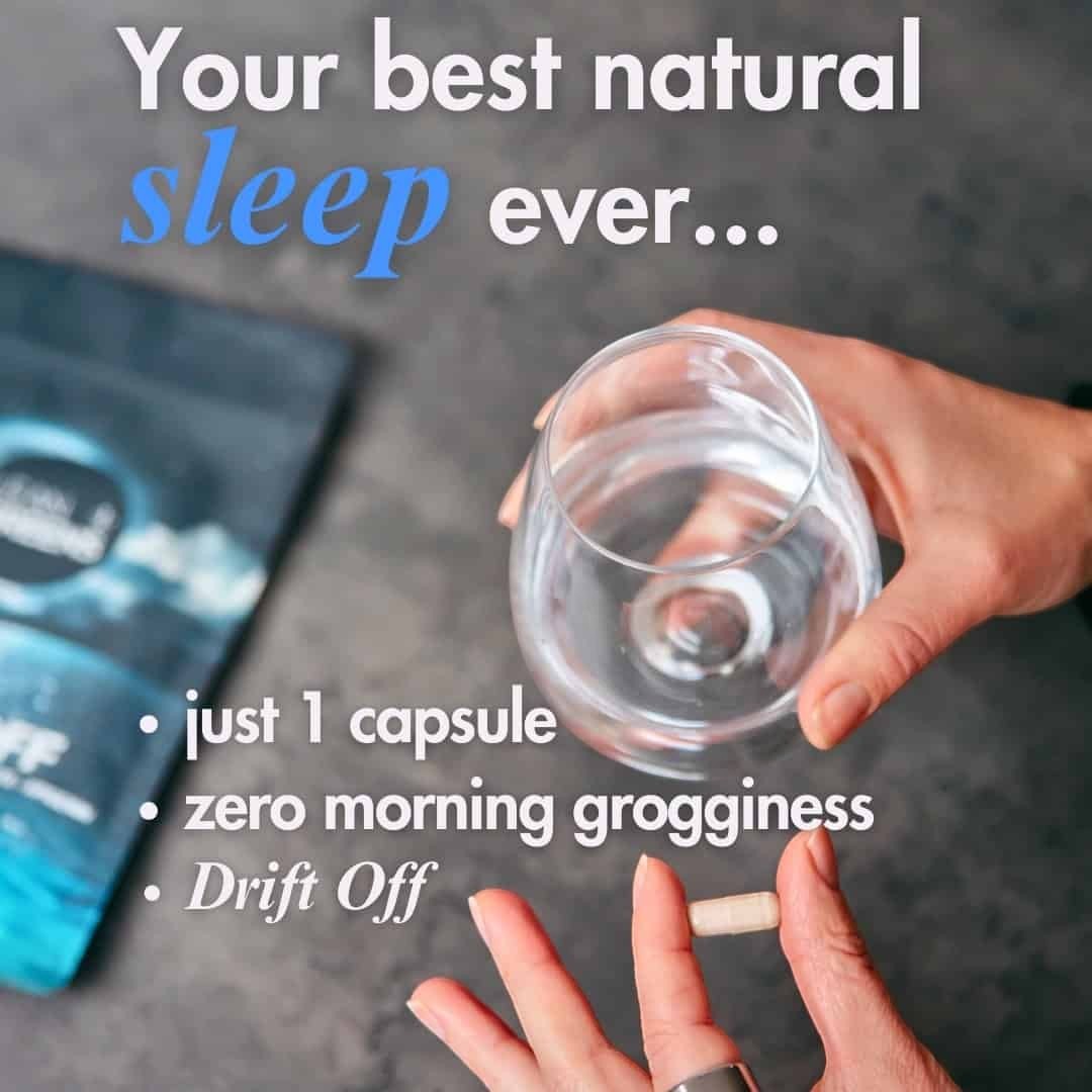 W/end Drift Off capsule supplement with magnesium, L-theanine, and chamomile for natural sleep support.