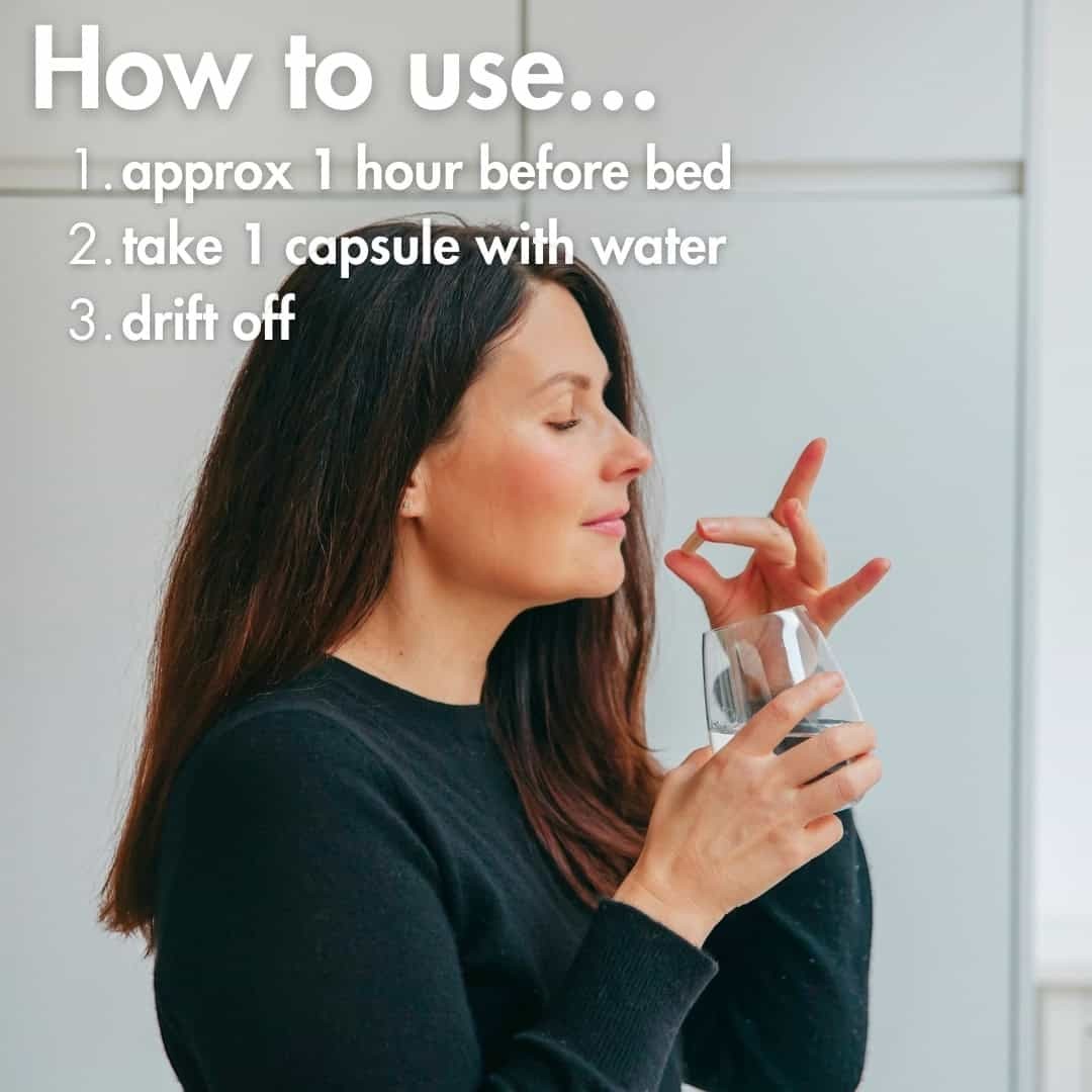 W/end Drift Off capsule supplement with magnesium, L-theanine, and chamomile for relaxation. Woman taking capsule with water.