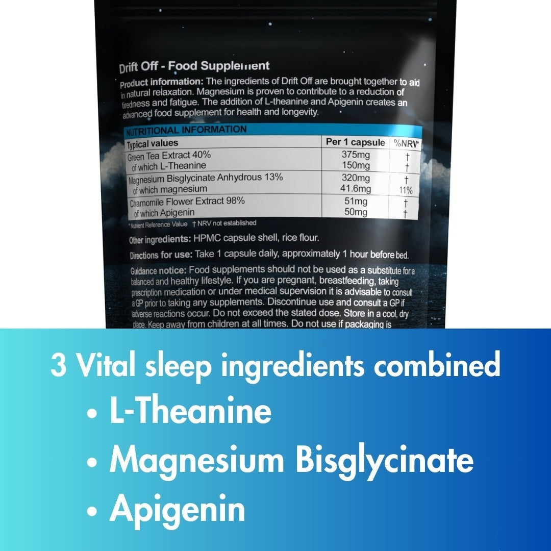 W/end Drift Off food supplement capsules with L-Theanine, Magnesium Bisglycinate, and Apigenin for relaxation.