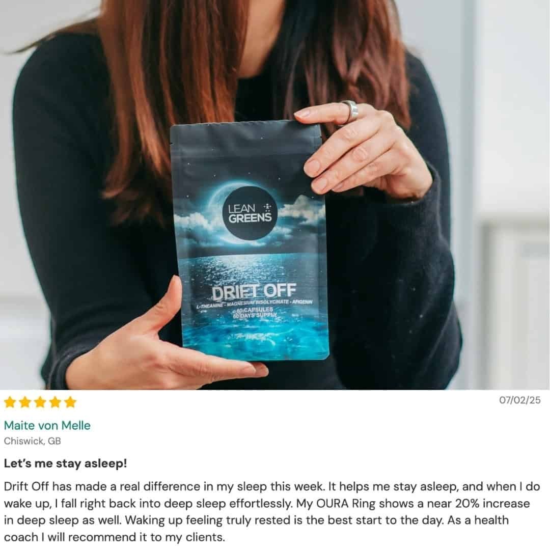 W/end Drift Off supplement pouch with L-theanine, magnesium bisglycinate, and chamomile. Supports relaxation and night-time routines.