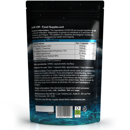 W/end Drift Off food supplement capsules with magnesium, L-theanine, and chamomile for relaxation.