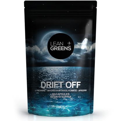 W/end Drift Off supplement pouch with L-theanine, magnesium bisglycinate, and apigenin for relaxation. 60 capsules.