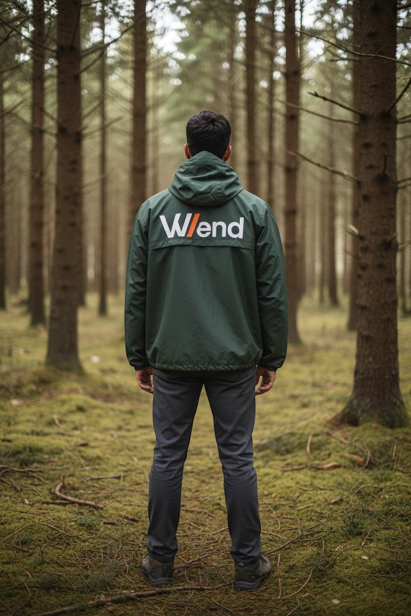 W/end forest green lightweight windbreaker jacket with white logo and orange accent, designed for outdoor adventures.