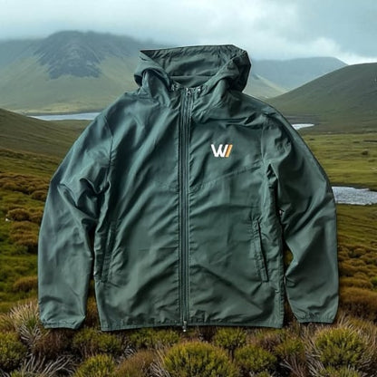 W/end forest green lightweight windbreaker jacket with hood and orange/white logo on chest.