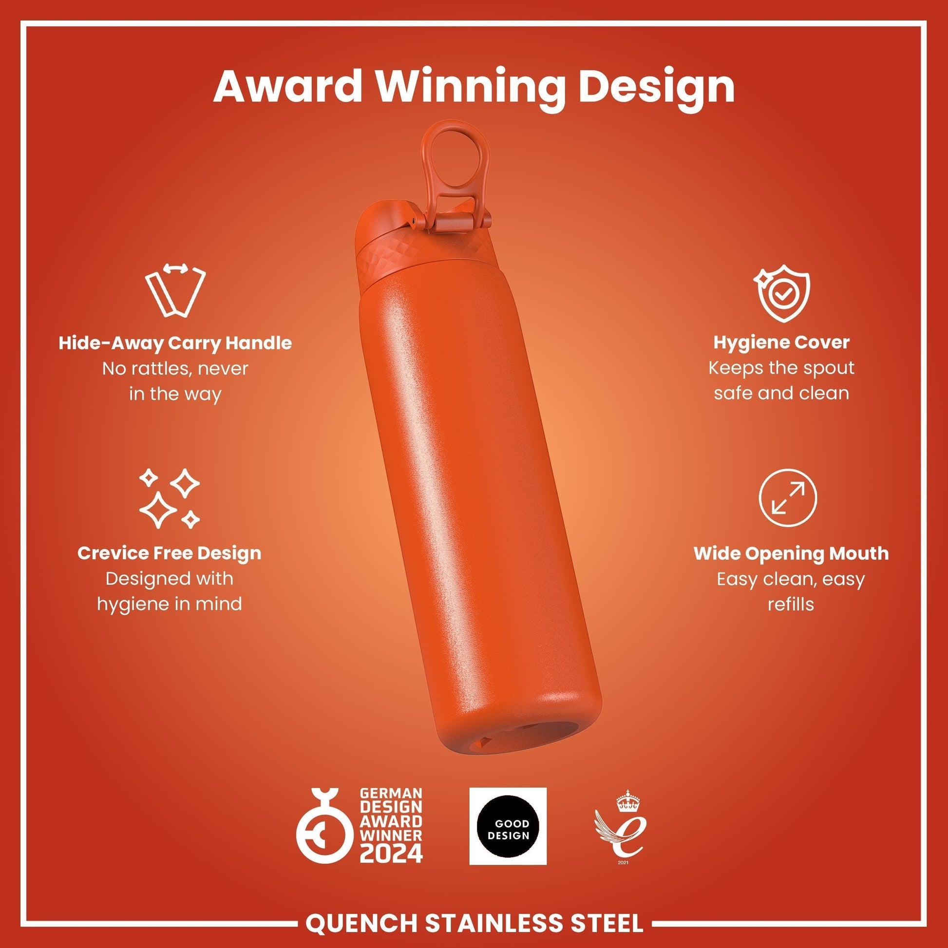 W/end Hot Ember 1L stainless steel thermal water bottle with hide-away handle and hygienic cover.