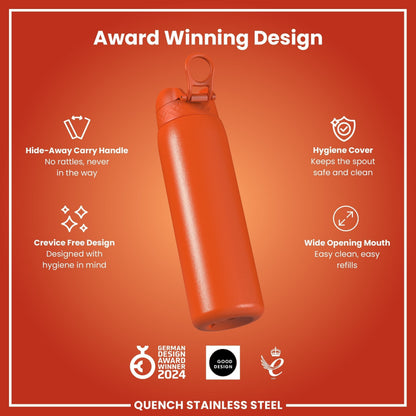 W/end Hot Ember 1L stainless steel thermal water bottle with hide-away handle and hygienic cover.