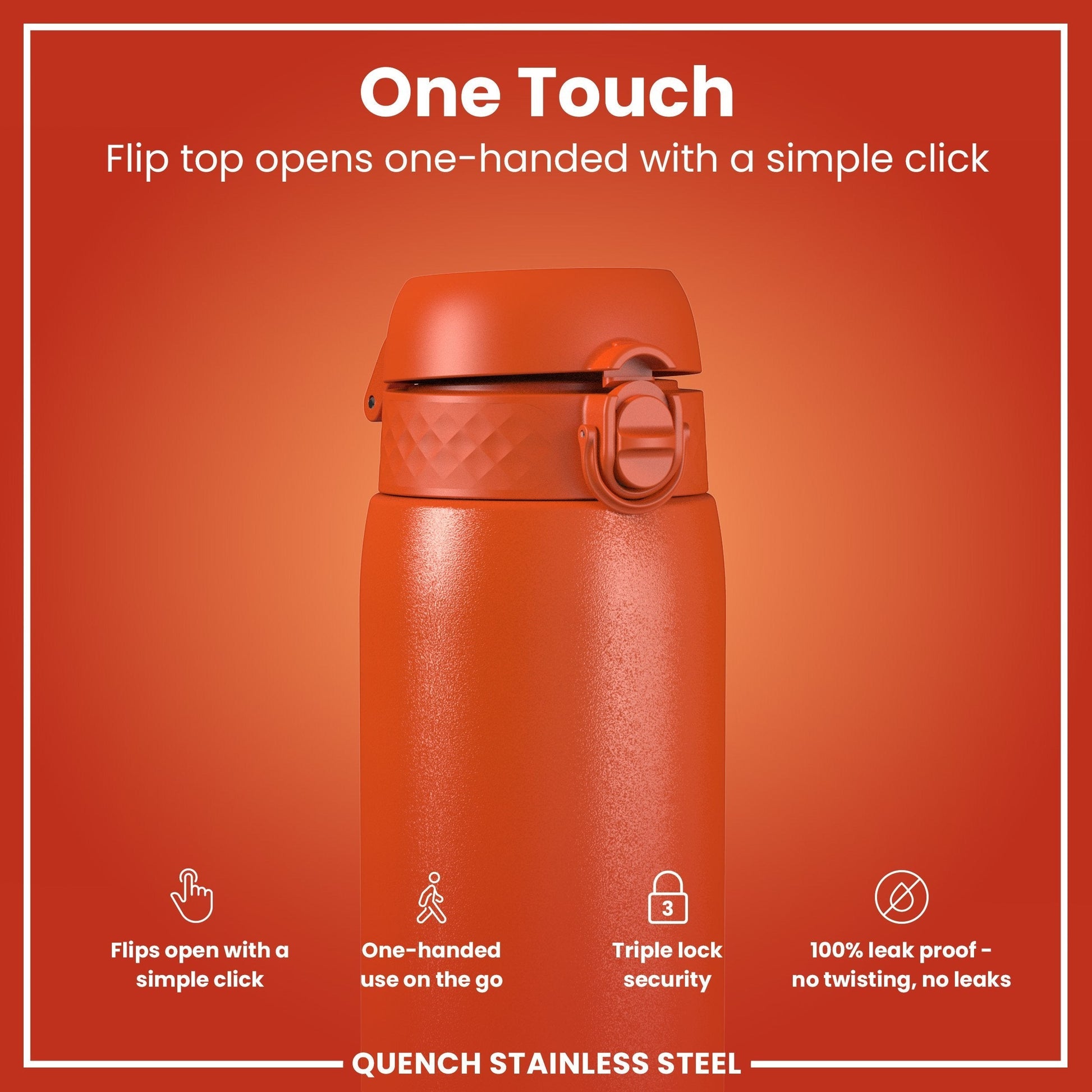 W/end Hot Ember 1L stainless steel thermal water bottle with one-touch flip lid and triple lock security.