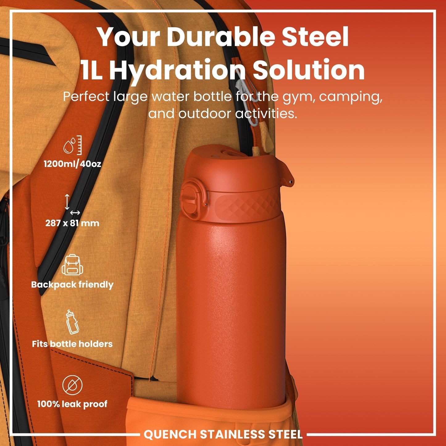 W/end Hot Ember 1L stainless steel thermal water bottle with leak-proof lid, ideal for gym and outdoor activities.