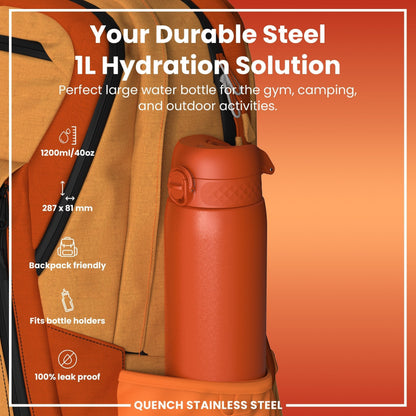 W/end Hot Ember 1L stainless steel thermal water bottle with leak-proof lid, ideal for gym and outdoor activities.