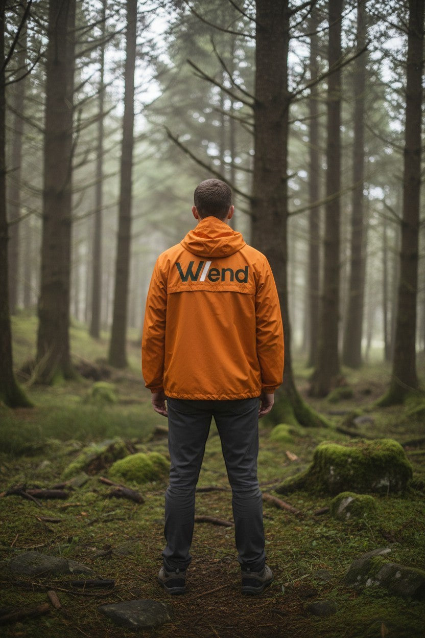 W/end windbreaker jacket in hot ember orange. Lightweight, wind-resistant, and breathable synthetic outer with a relaxed fit. Features a hood and zip fastening.
