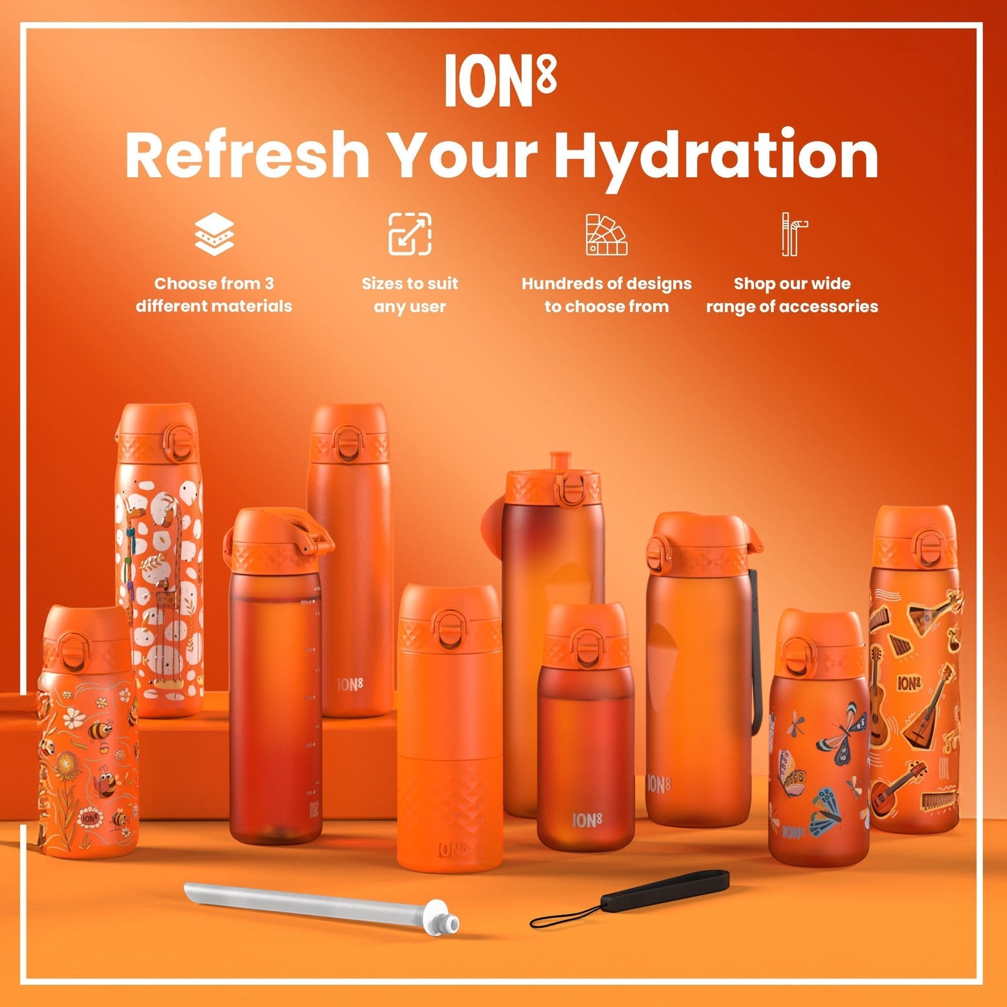 W/end ION8 1L Hot Ember thermal water bottle, stainless steel, leak-proof, one-hand flip lid, ideal for hot or cold drinks.