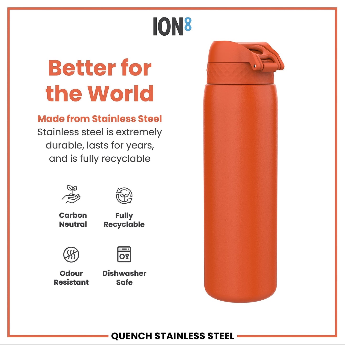 W/end ION8 1L thermal water bottle in Hot Ember, made from stainless steel with a leak-proof, one-touch flip lid.