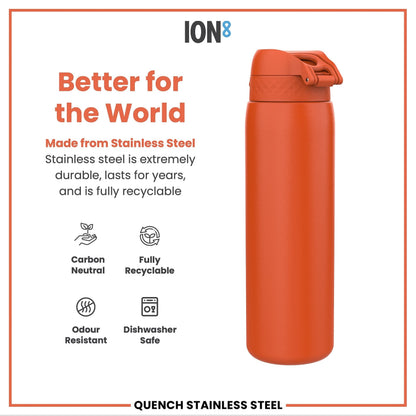 W/end ION8 1L thermal water bottle in Hot Ember, made from stainless steel with a leak-proof, one-touch flip lid.