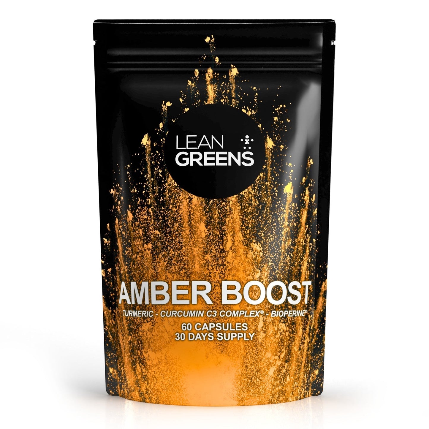 W/end Lean Greens Amber Boost turmeric and curcumin supplement capsules with black pepper and vitamin C. 60 capsules, 30 days supply.