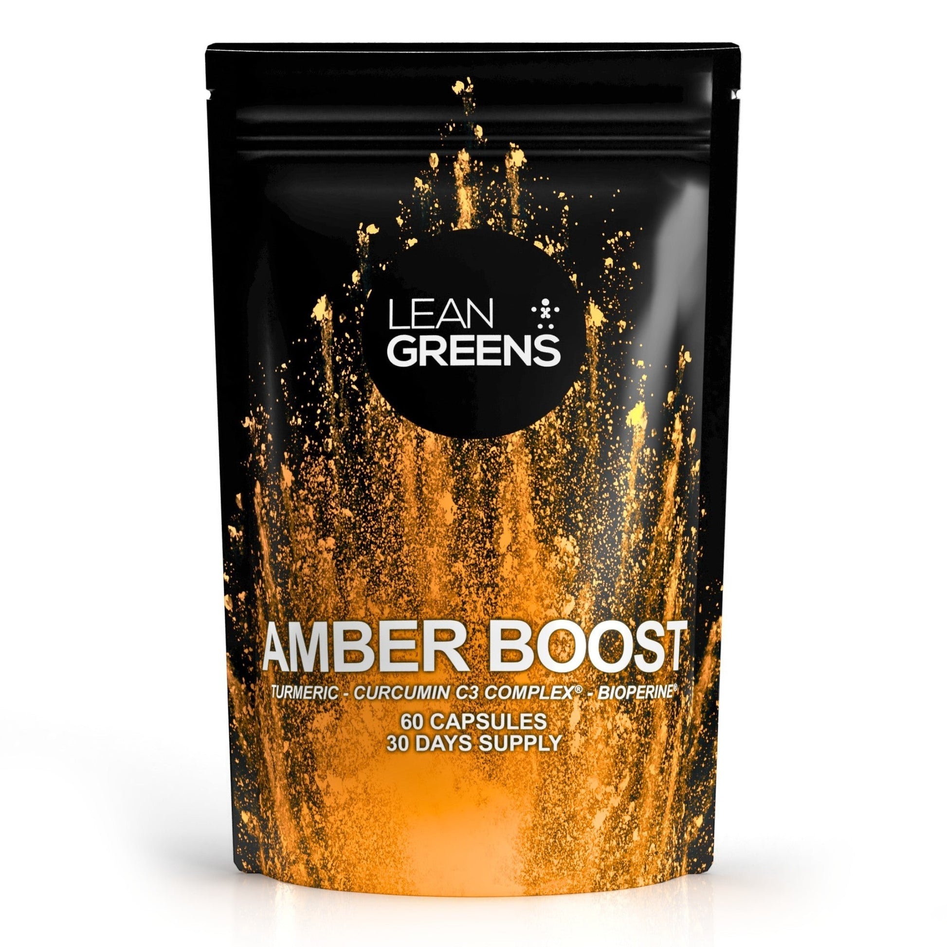 W/end Lean Greens Amber Boost turmeric and curcumin supplement capsules with black pepper and vitamin C. 60 capsules, 30 days supply.