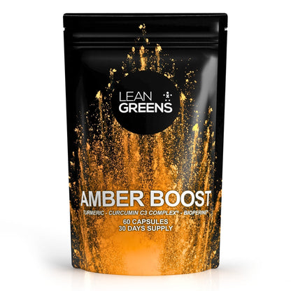 W/end Lean Greens Amber Boost turmeric and curcumin supplement capsules with black pepper and vitamin C. 60 capsules, 30 days supply.