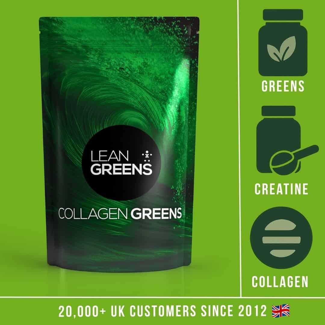 W/end Lean Greens Collagen Greens powder pouch with greens, collagen, and creatine icons. UK-made.