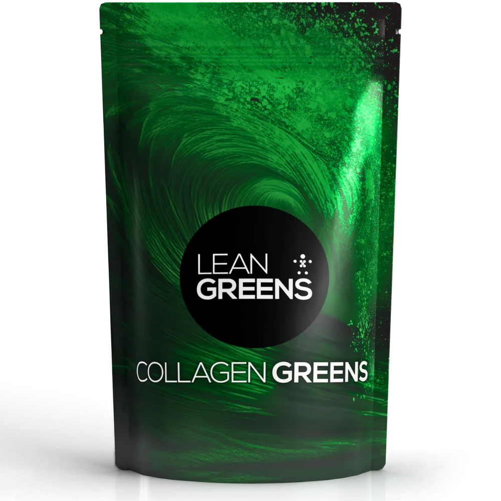 W/end Lean Greens Collagen Greens powder pouch with green swirl design. Contains collagen peptides and creatine.