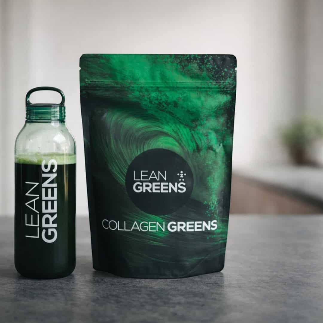 W/end Lean Greens Collagen Greens powder pouch and bottle of green drink. All-in-one blend with collagen and creatine.