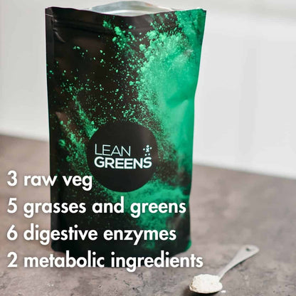 W/end Lean Greens super greens powder in a black pouch with green powder explosion graphic. Includes 3 raw veg, 5 grasses and greens, 6 digestive enzymes, 2 metabolic ingredients.